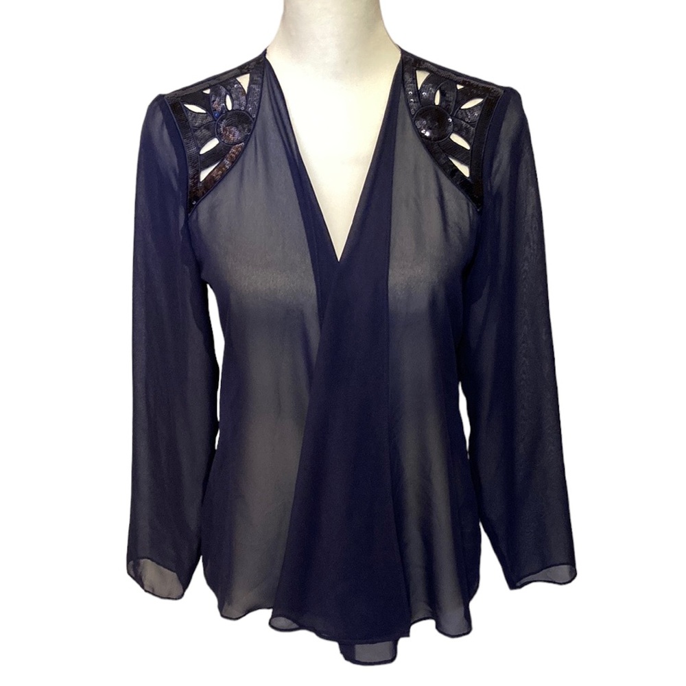 SLNY sapphire blue long sleeve chiffon cardigan with sequins on shoulders.